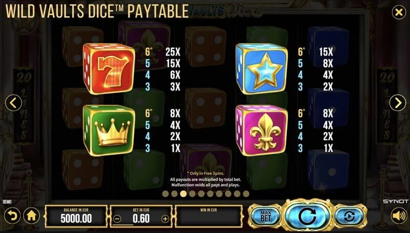 Wild Vaults Dice - mreža 6x3 u bonus rundi s lavinom